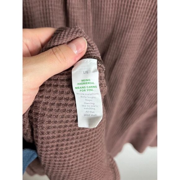 Aerie Waffle Knit Thermal Button Down Shirt Shacket Mauve Brown Large Women’s - Picture 4 of 6